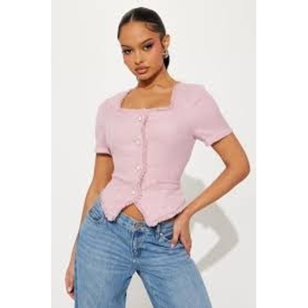 Fashion Nova Pink Tweed Short Sleeve Faux Pearl Button Square Neck Top Small